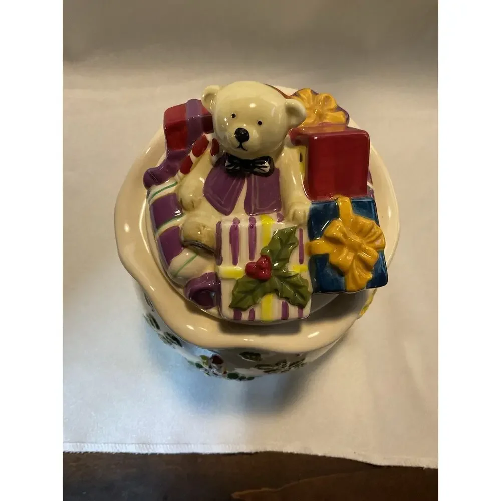 Spode Christmas Tree Teddy Bear Gifts Ceramic Cookie Candy Jar w/Lid 7